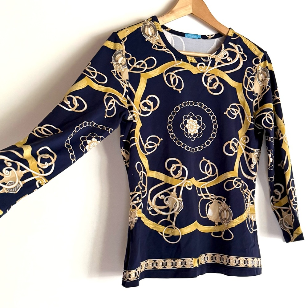 J. McLaughlin Navy & Gold 3/4 Sleeve Knit Top Shirt - Picture 2 of 6